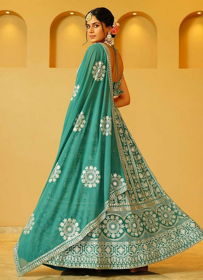 Lehenga Mart Dusty Green Faux Georgette Designer Bollywood Style Wedding Wear Lehenga Choli