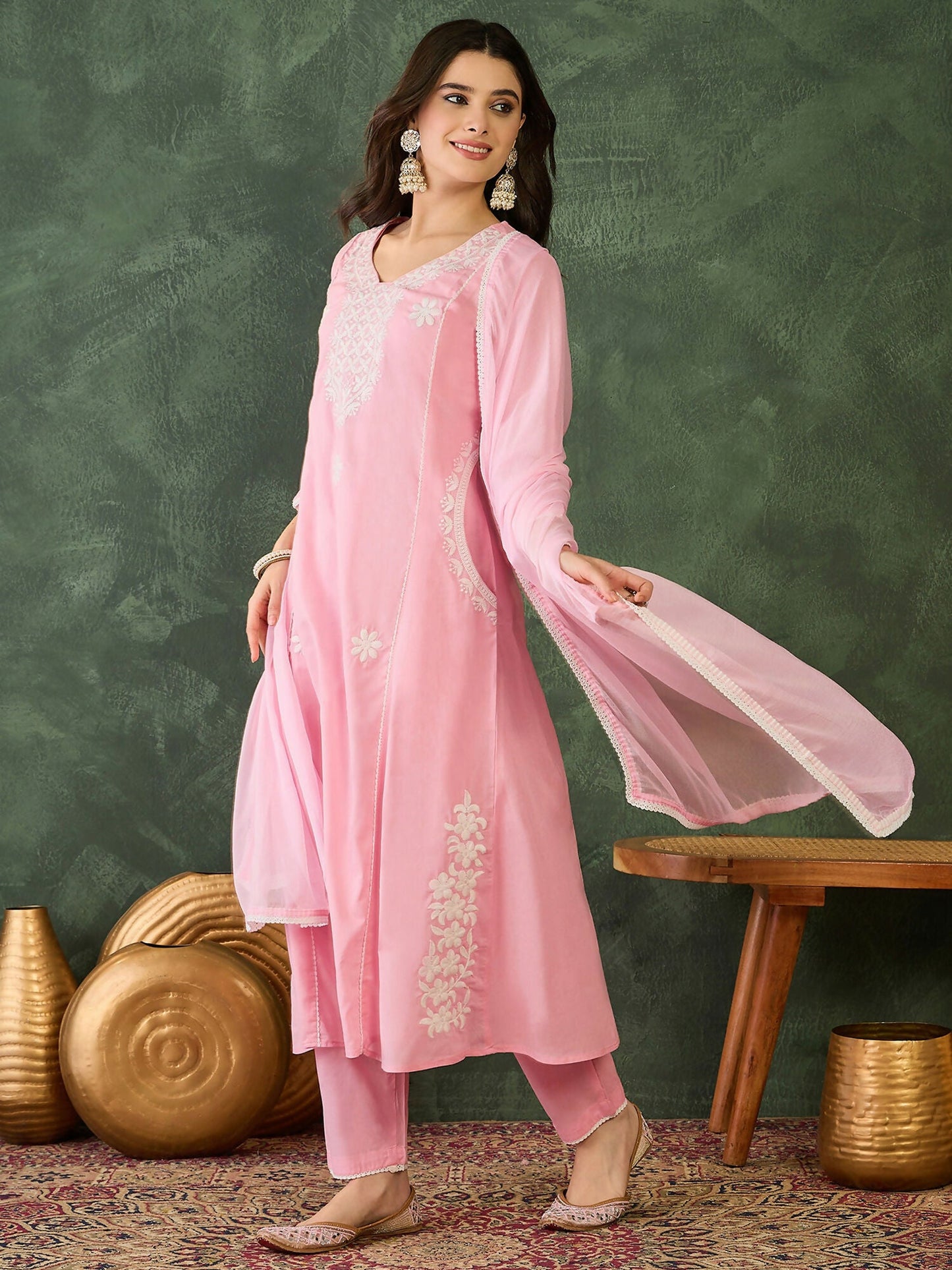 The52 Women's Beautiful Thread Work Cotton satin Fabric Flared Kurta Pant and Dupatta Set-Peach