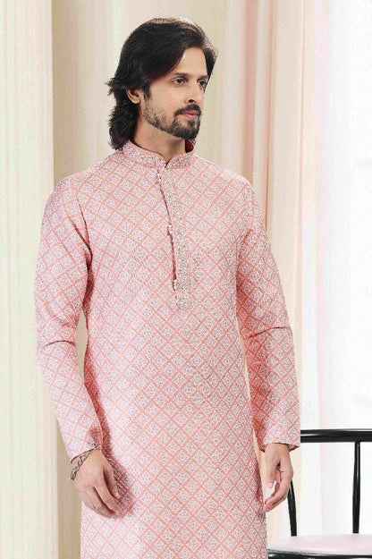Raivat Ethnic Cotton Thread Work Kurta Pajama In Peach Colour