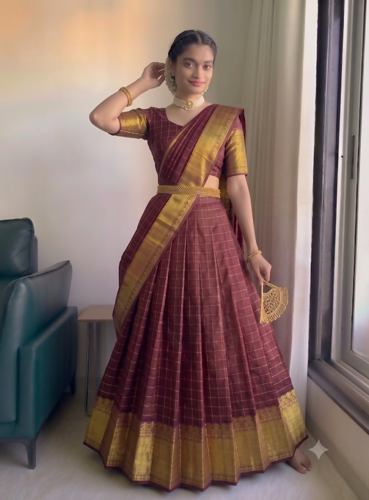 Teeya Creation Classic Maroon Checkered Silk Lehenga Choli with Heavy Zari Border