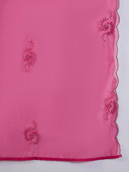 The52 Women's Beautiful Embroidery Work Vichitra Fabric A-line Kurta Pant and Dupatta Set-Pink