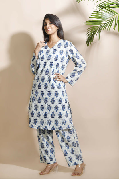 Breathables WomenS Cream Cotton Indian Motif Butta Loungewear Co-Ord Set  Long Kurta & Pants
