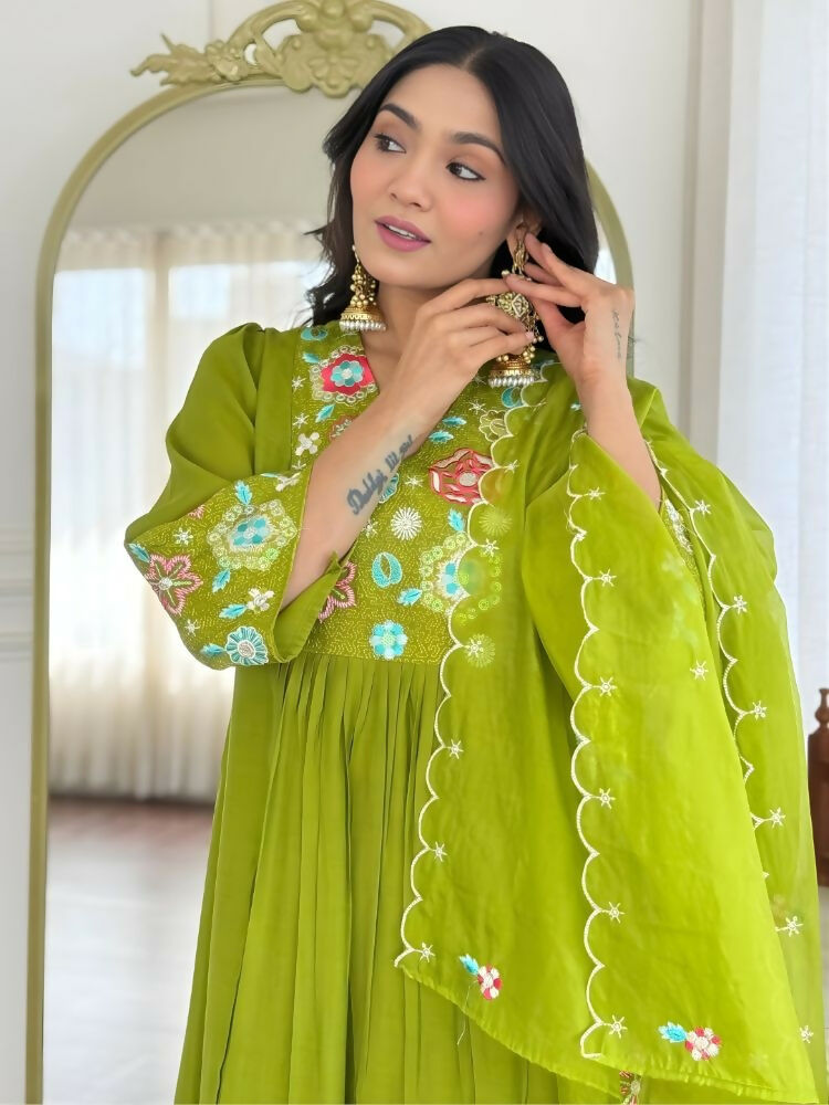 The52 Women's Beautiful Embroidery Work Viscose Silk Fabric Flared Kurta Pant and Dupatta Set