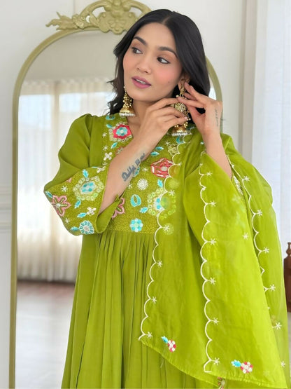 The52 Women's Beautiful Embroidery Work Viscose Silk Fabric Flared Kurta Pant and Dupatta Set