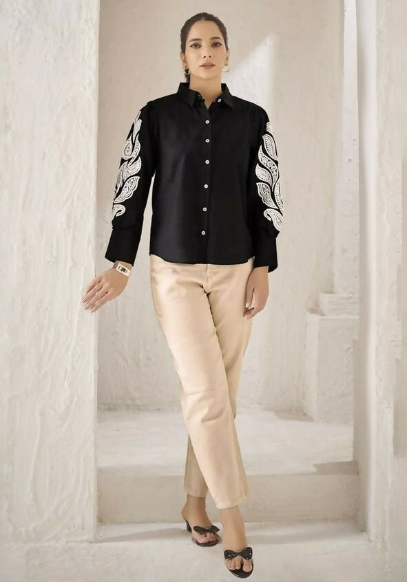 Teeya Creation Women Trendy Black Cotton Button-Down Top with White Contrast Embroidered Sleeves