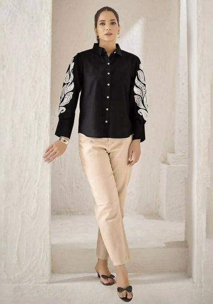 Teeya Creation Women Trendy Black Cotton Button-Down Top with White Contrast Embroidered Sleeves
