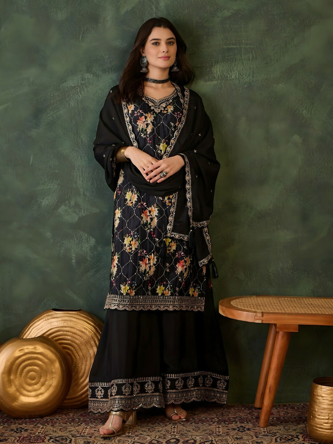 The52 Women's Gorgeous Embroidery Chinon Fabric Straight Kurta Palazzo and Dupatta Set-Black