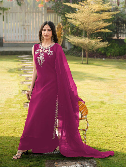 Nikhaar Magenta Embroidered Art Silk Stitched A Line Kurta Palazzo Dupatta Readymade Suit
