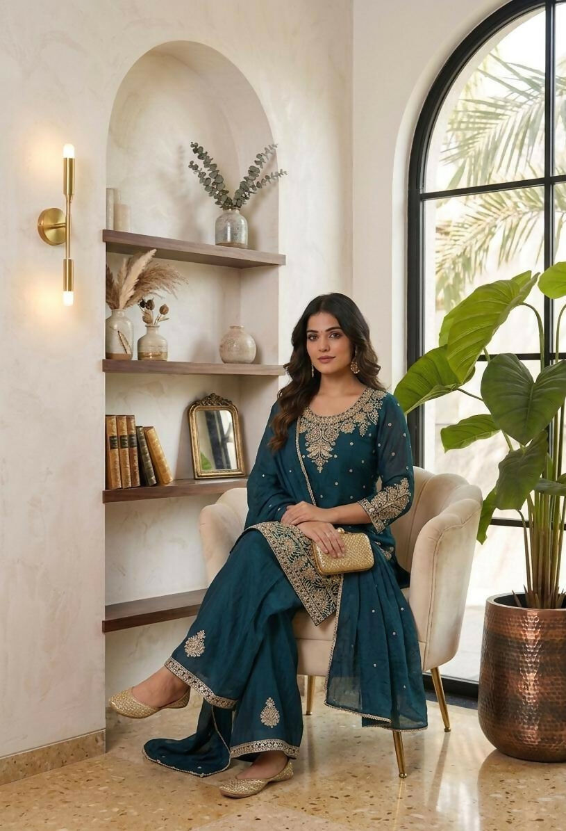 Teeya Creation New Latest Stylish Kurta Palazzo Set - Teal