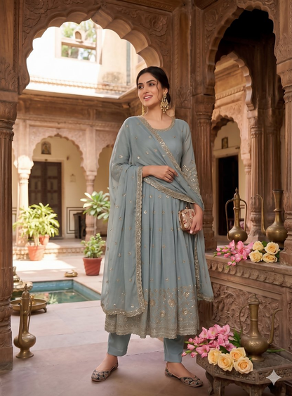 Teeya Creation Elegant Grey Embroidered Anarkali Kurta Set With Mirror Work Dupatta
