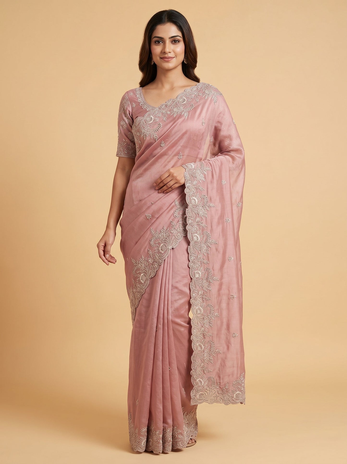 Baby Pink Powder Blush Embroidered Saree
