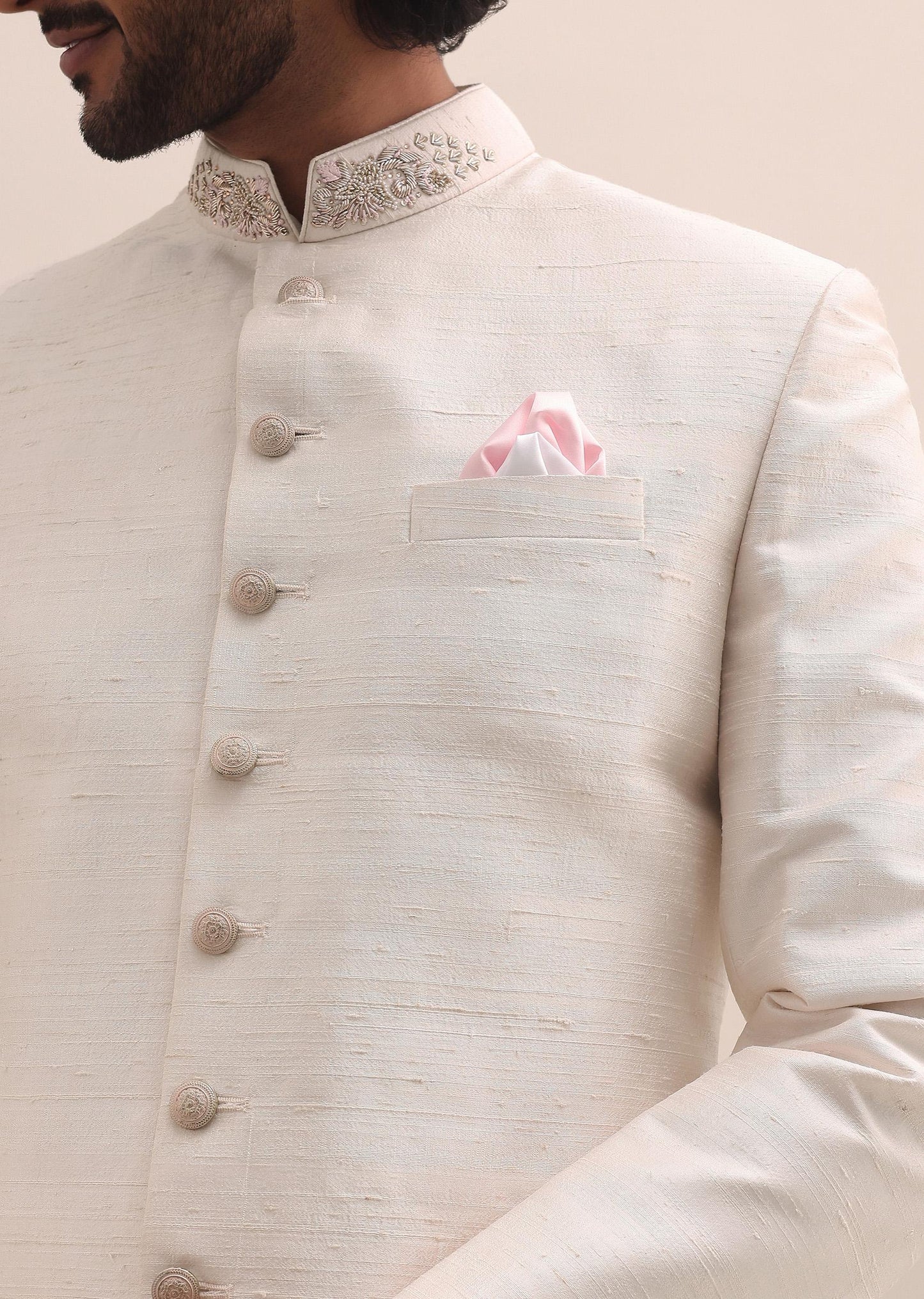 Baby Pink Sherwani With Cutdana Embroidered Collar For Men