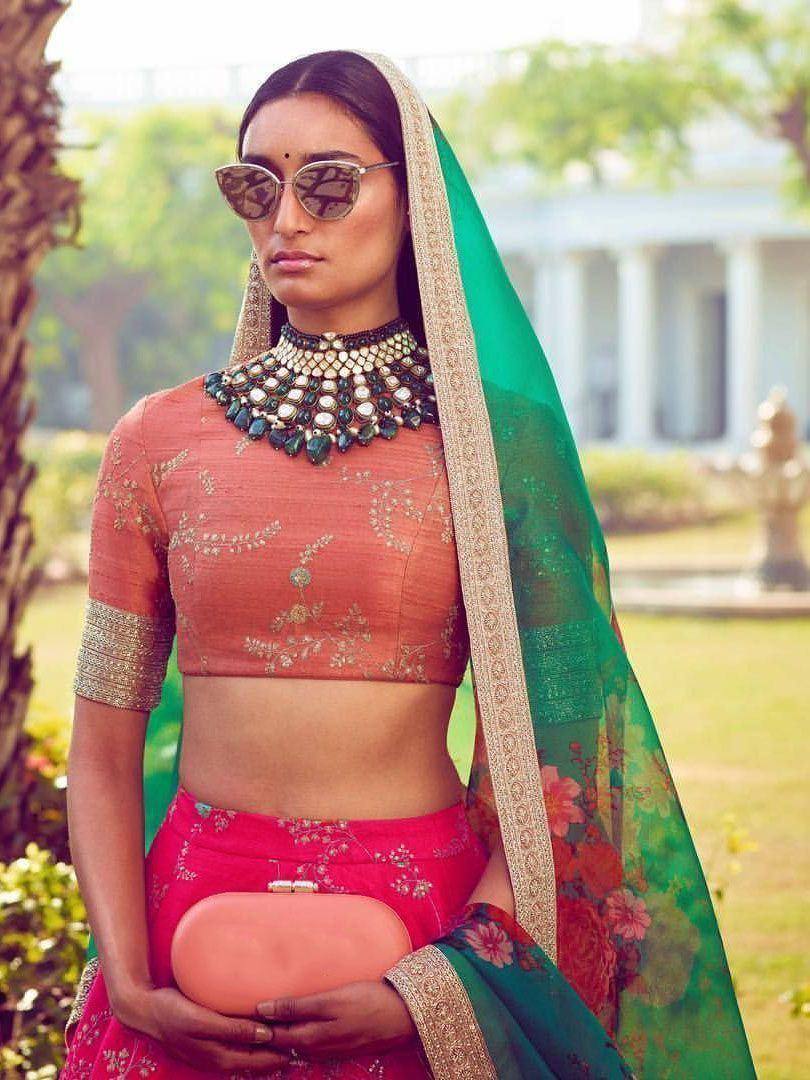 Tulsi Art Pink Embroidered Mulberry Bridal Lehenga Choli With Printed Green Dupatta