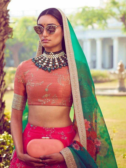 Tulsi Art Pink Embroidered Mulberry Bridal Lehenga Choli With Printed Green Dupatta