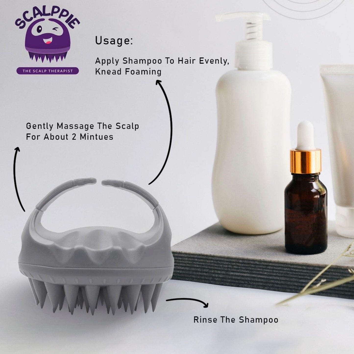 Scalppie Silicon Hair Scalp Massager & Shampoo Brush Scrub For Hair Growth & Anti Dandruff - Grey