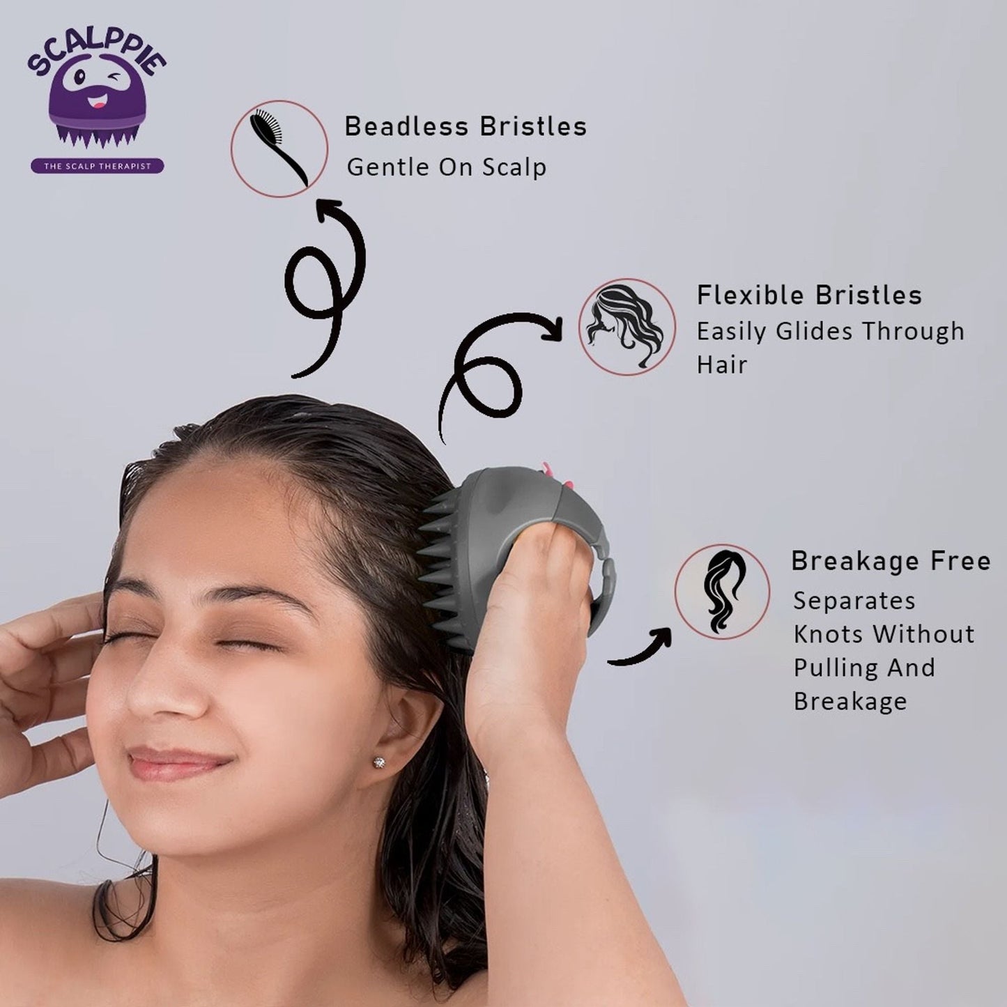 Scalppie Silicon Hair Scalp Massager & Shampoo Brush Scrub For Hair Growth & Anti Dandruff - Grey