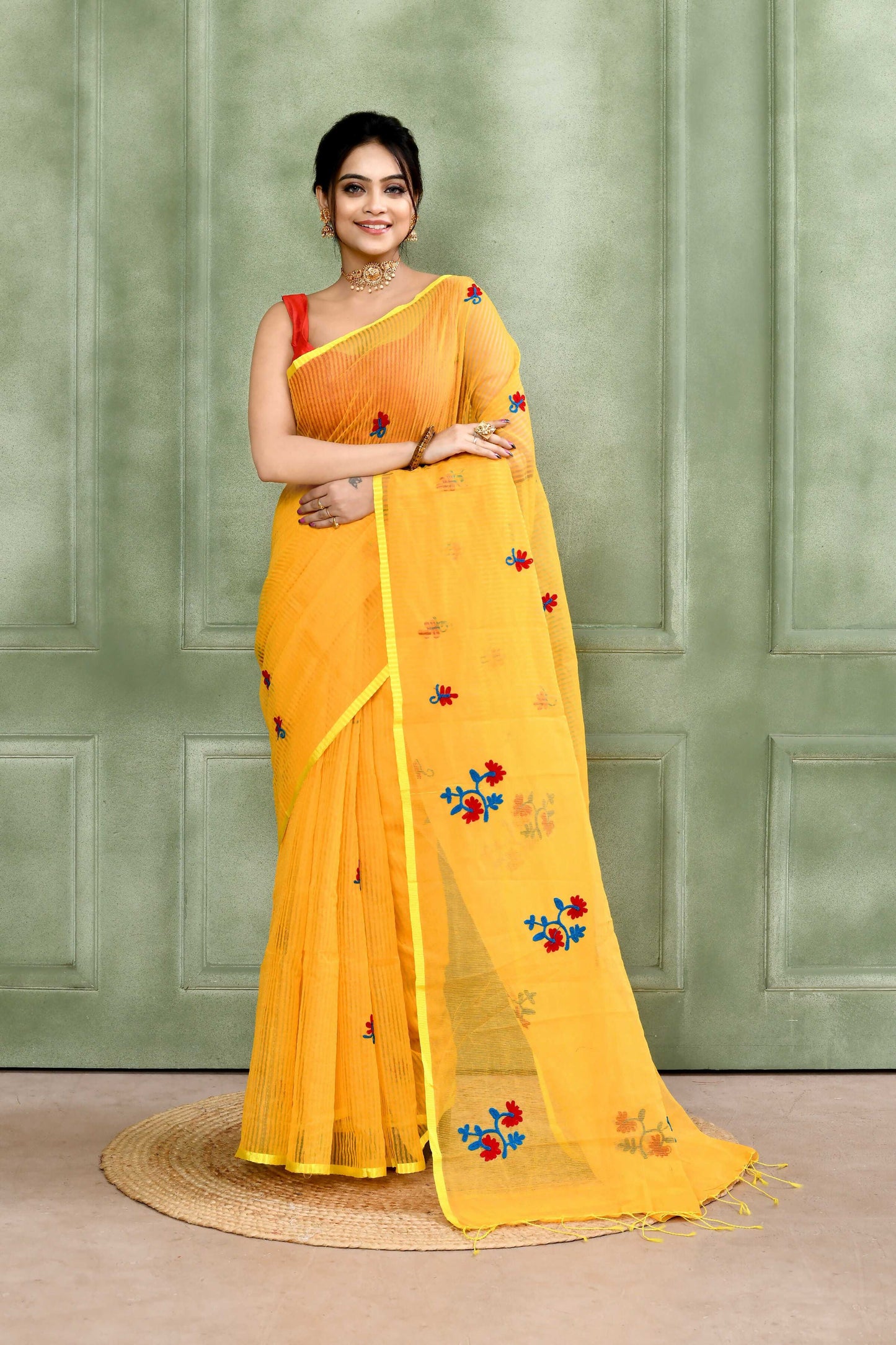 Piyari Fashion Women's Yellow Embellished Cotton Blend Embroidery Saree