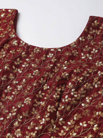 Tulsi Art Maroon & Golden Semi-Stitched Myntra Bridal Lehenga & Unstitched Blouse With Dupatta
