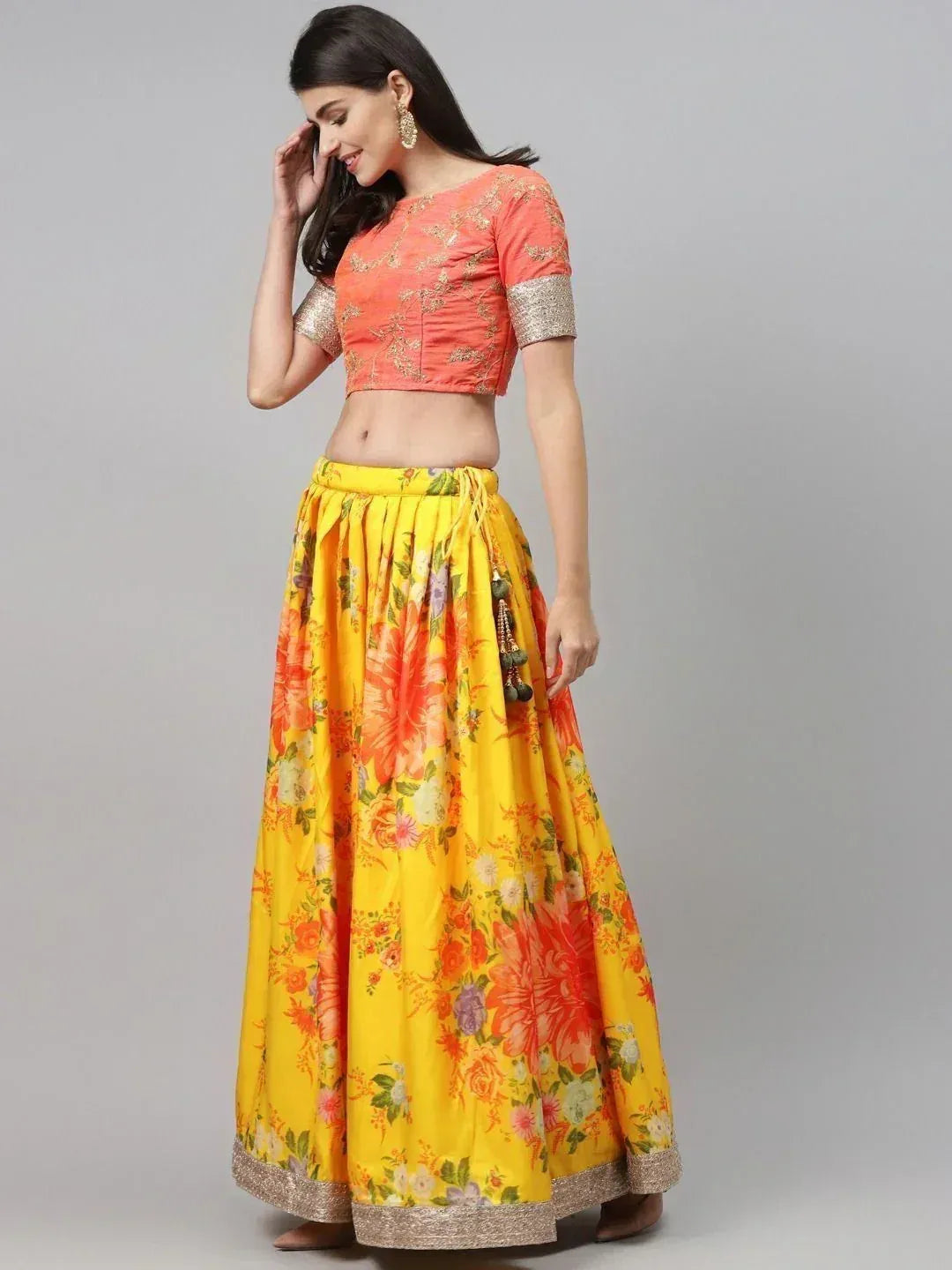 Tulsi Art Yellow & Orange Embroidered Semi-Stitched Myntra Lehenga & Unstitched Blouse With Dupatta