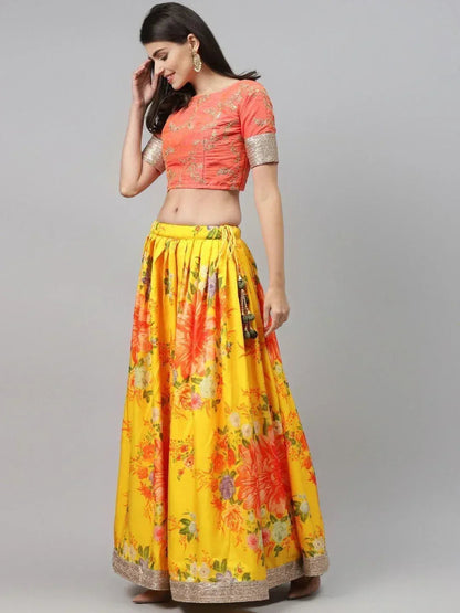Tulsi Art Yellow & Orange Embroidered Semi-Stitched Myntra Lehenga & Unstitched Blouse With Dupatta