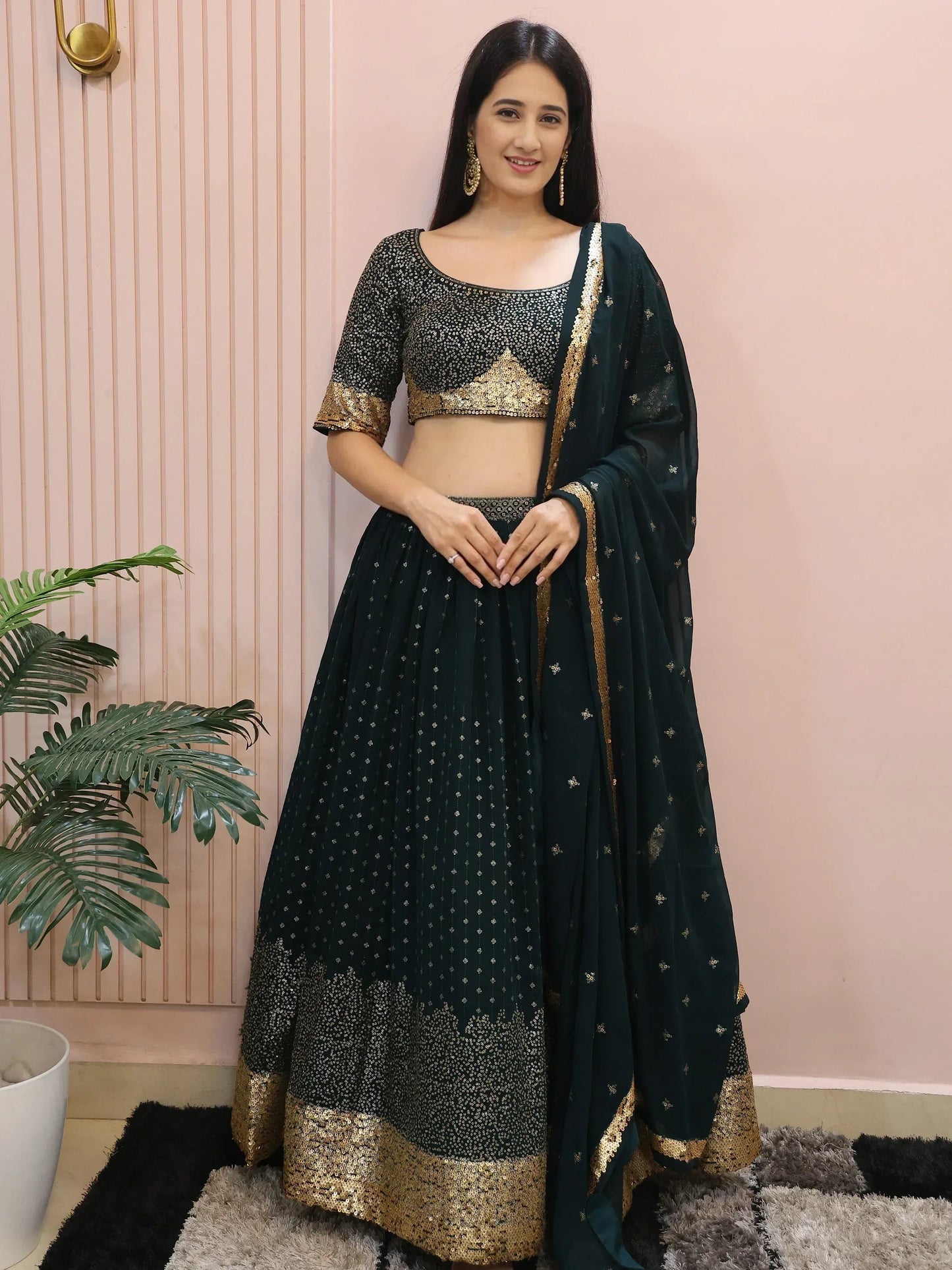 Tulsi Art Beautiful Green Sequins Mehendi Wear Lehenga Choli