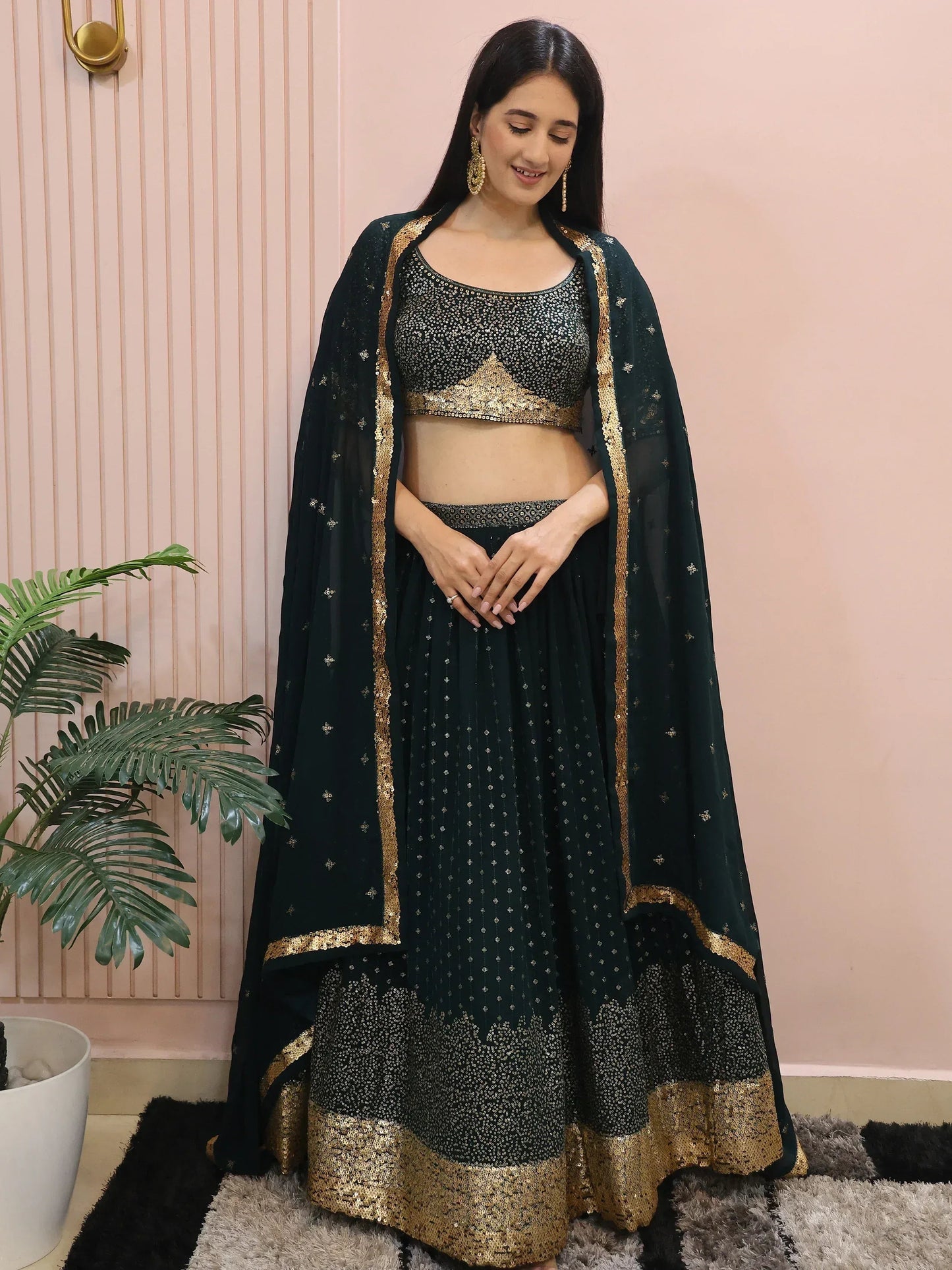 Tulsi Art Beautiful Green Sequins Mehendi Wear Lehenga Choli