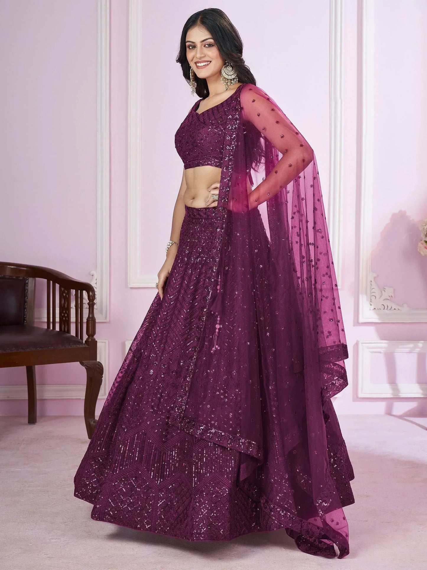 Tulsi Art Beautiful Purple Sequins Soft Net Function Wear Lehenga Choli