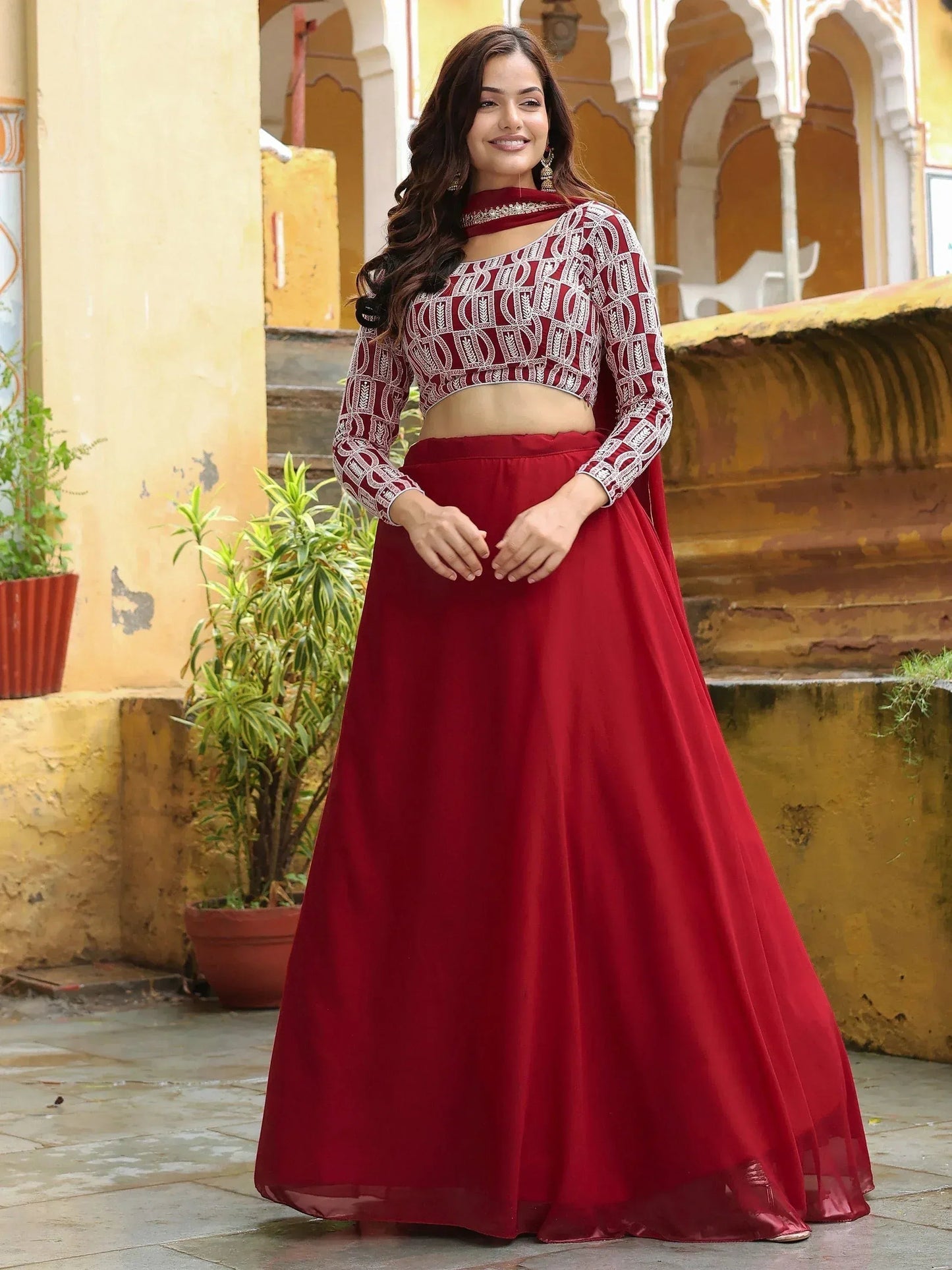 Tulsi Art Beautiful Red Sequins Georgette Function Wear Lehenga Choli
