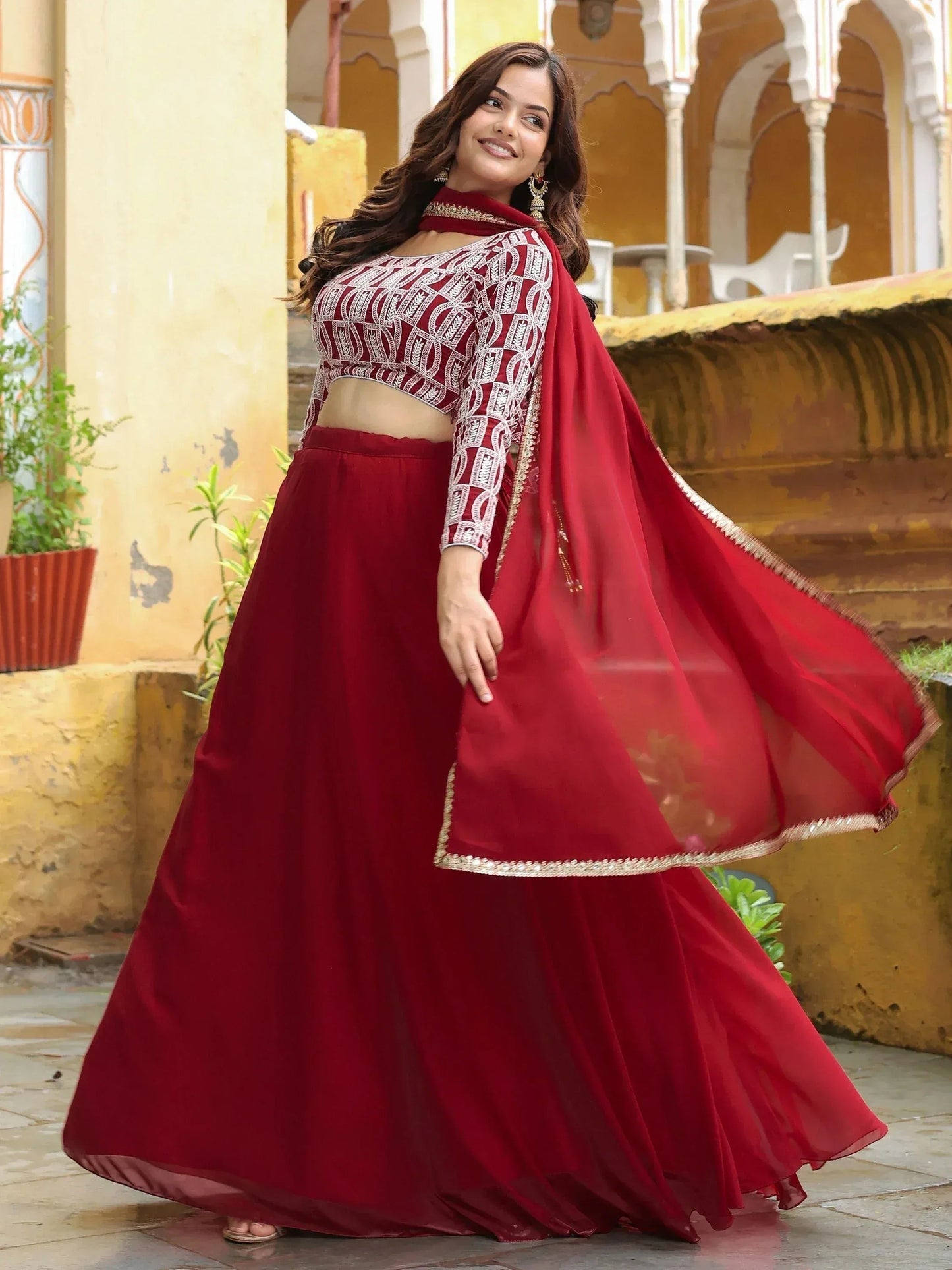 Tulsi Art Beautiful Red Sequins Georgette Function Wear Lehenga Choli