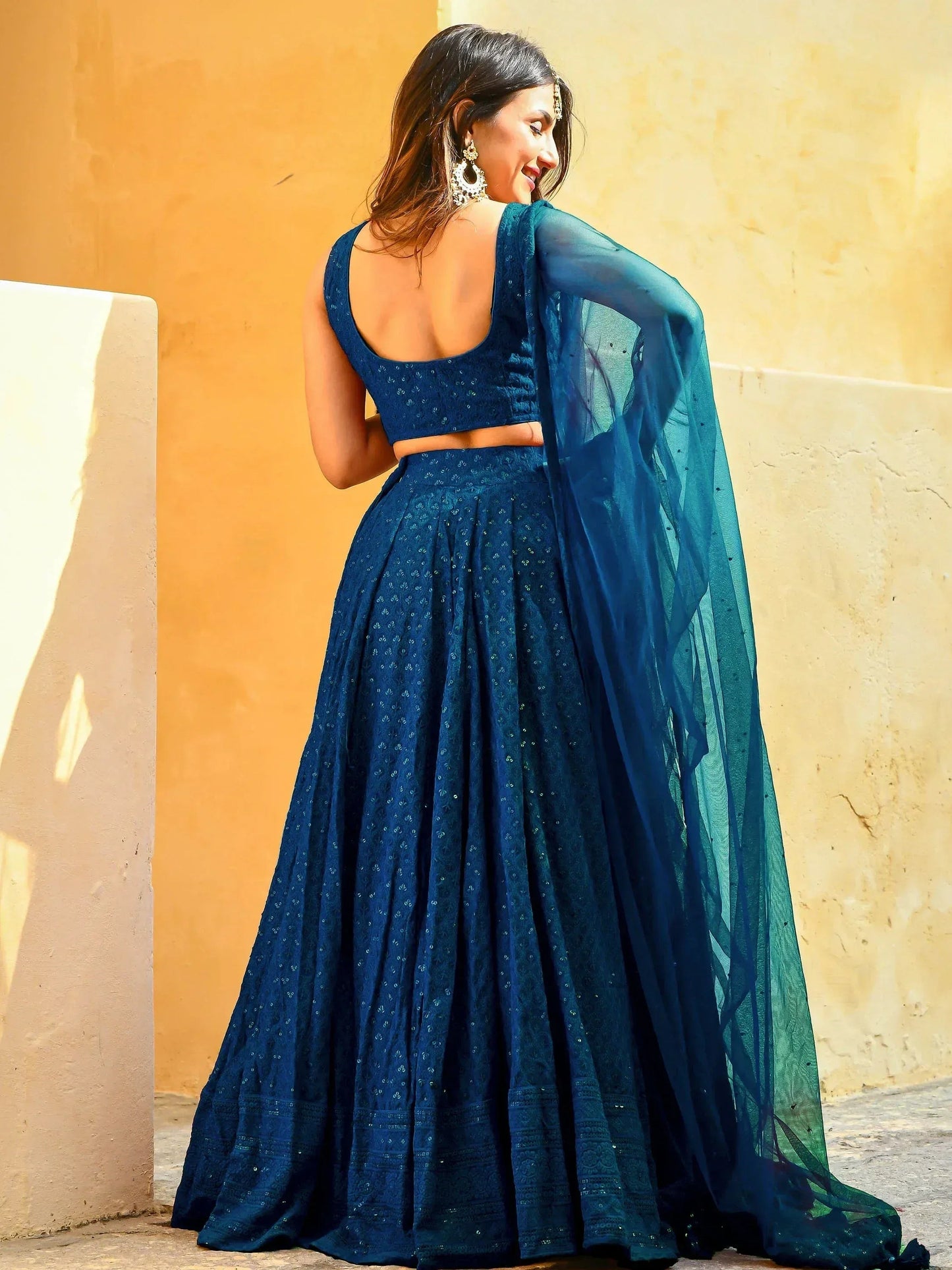 Tulsi Art Beautiful Teal Blue Thread Embroidered Wedding Lehenga Choli