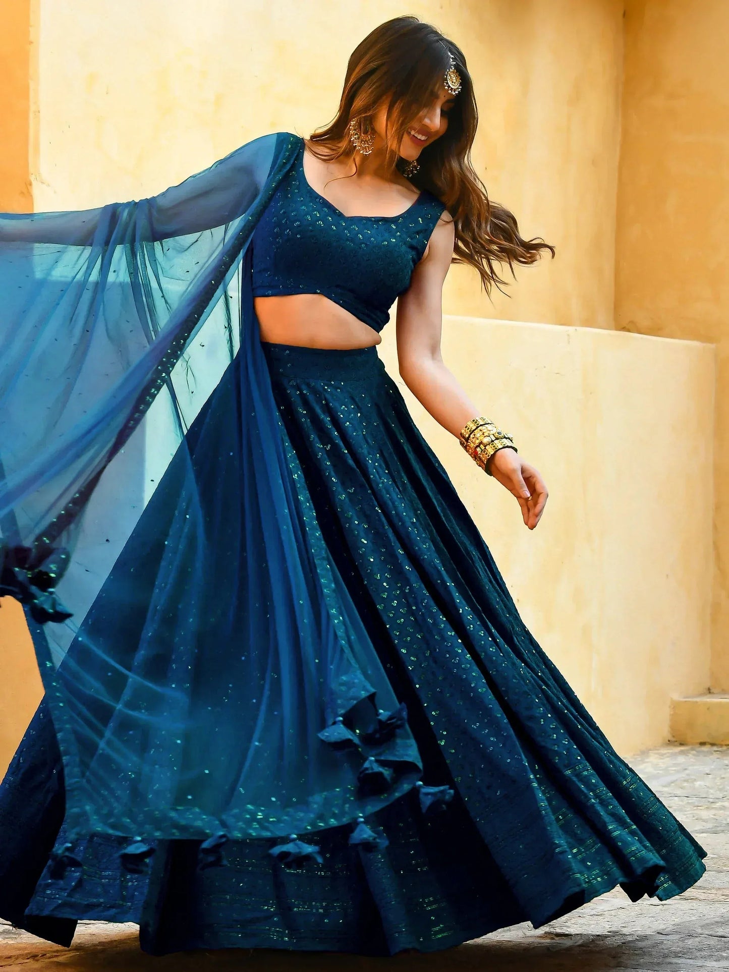 Tulsi Art Beautiful Teal Blue Thread Embroidered Wedding Lehenga Choli
