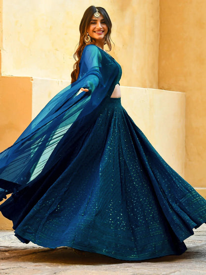 Tulsi Art Beautiful Teal Blue Thread Embroidered Wedding Lehenga Choli