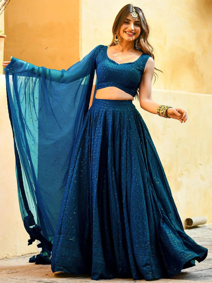 Tulsi Art Beautiful Teal Blue Thread Embroidered Wedding Lehenga Choli