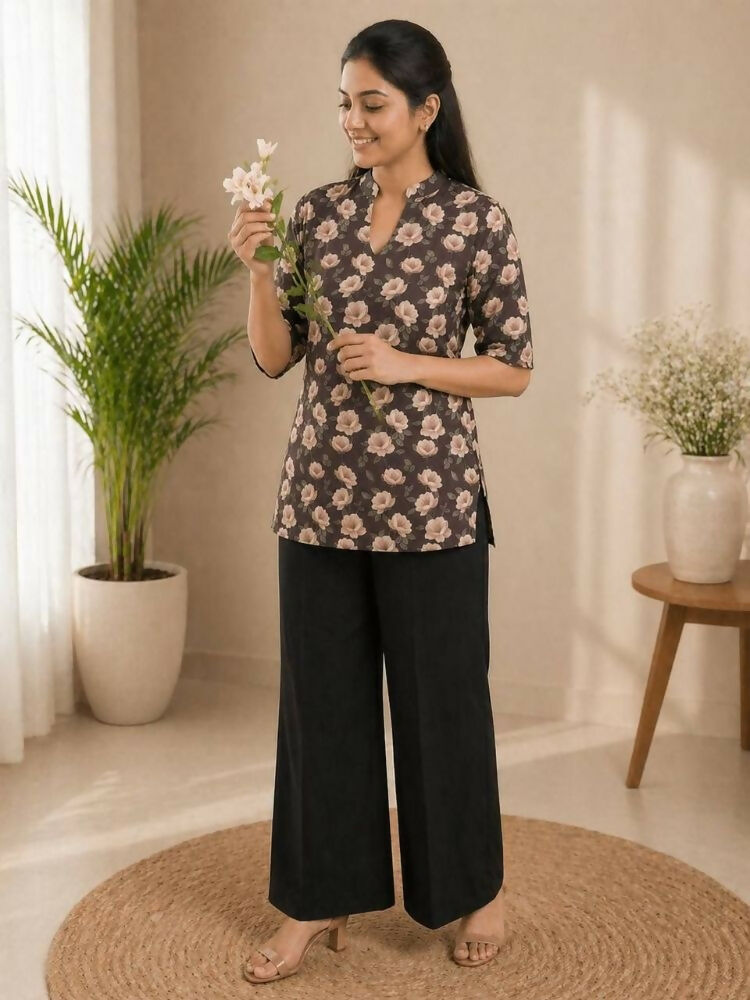 Teeya Creation Women Coffee Brown & Peach Floral Printed Cotton Kurti with Black Wide-Leg Palazzo Set