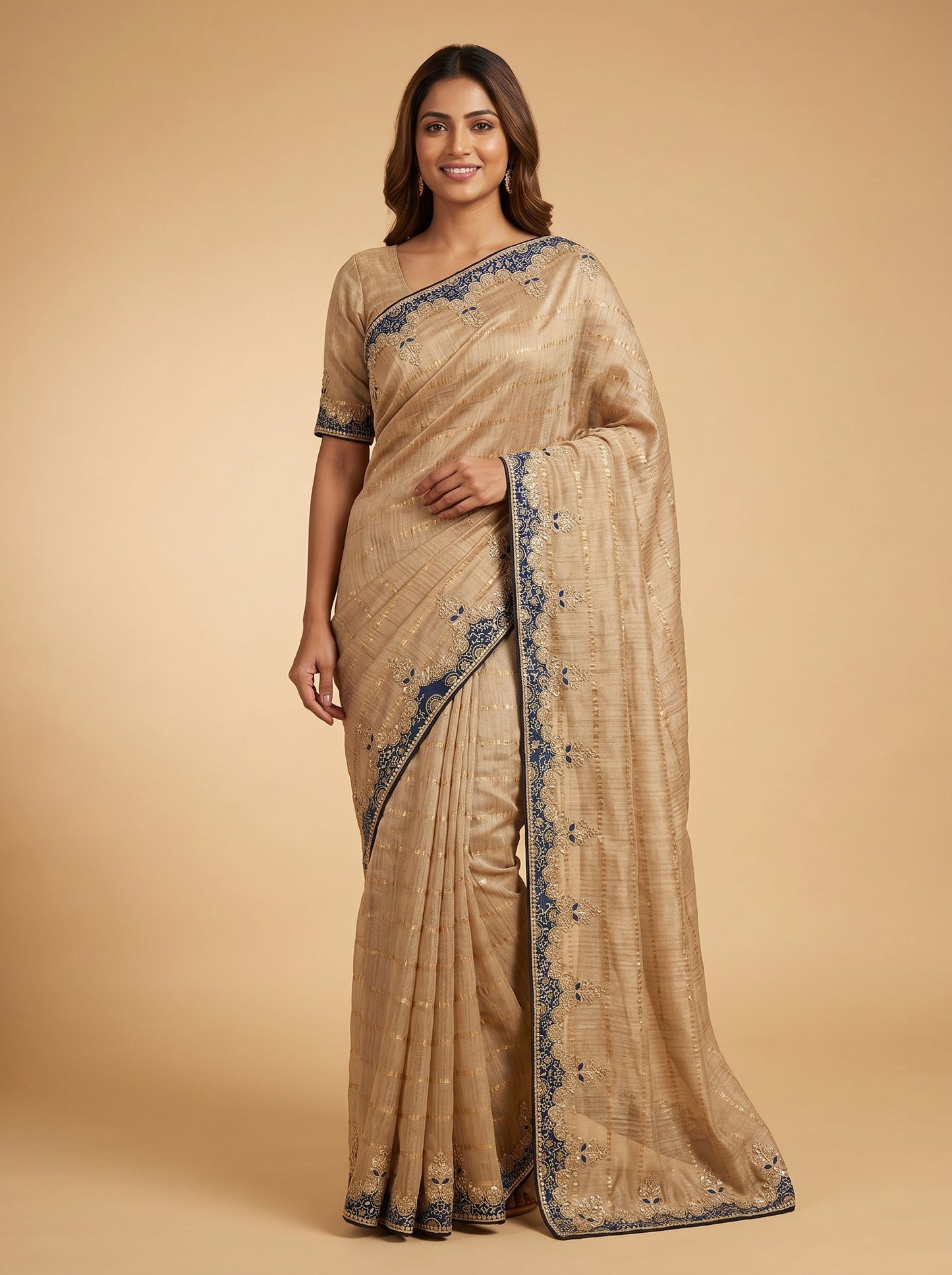 Beige Blue Fusion Embroidered Saree
