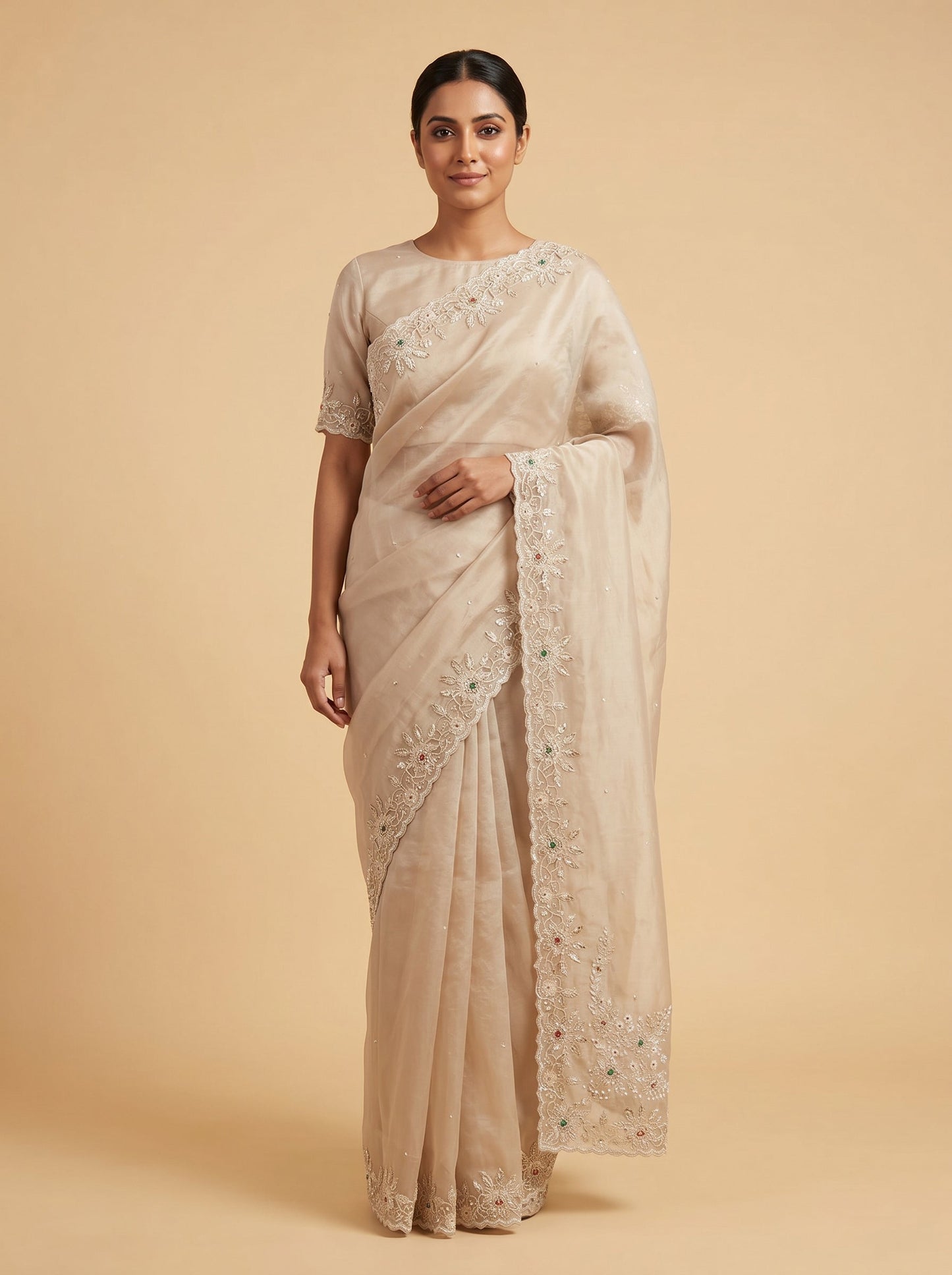 Beige Calm Finish Embroidered Saree