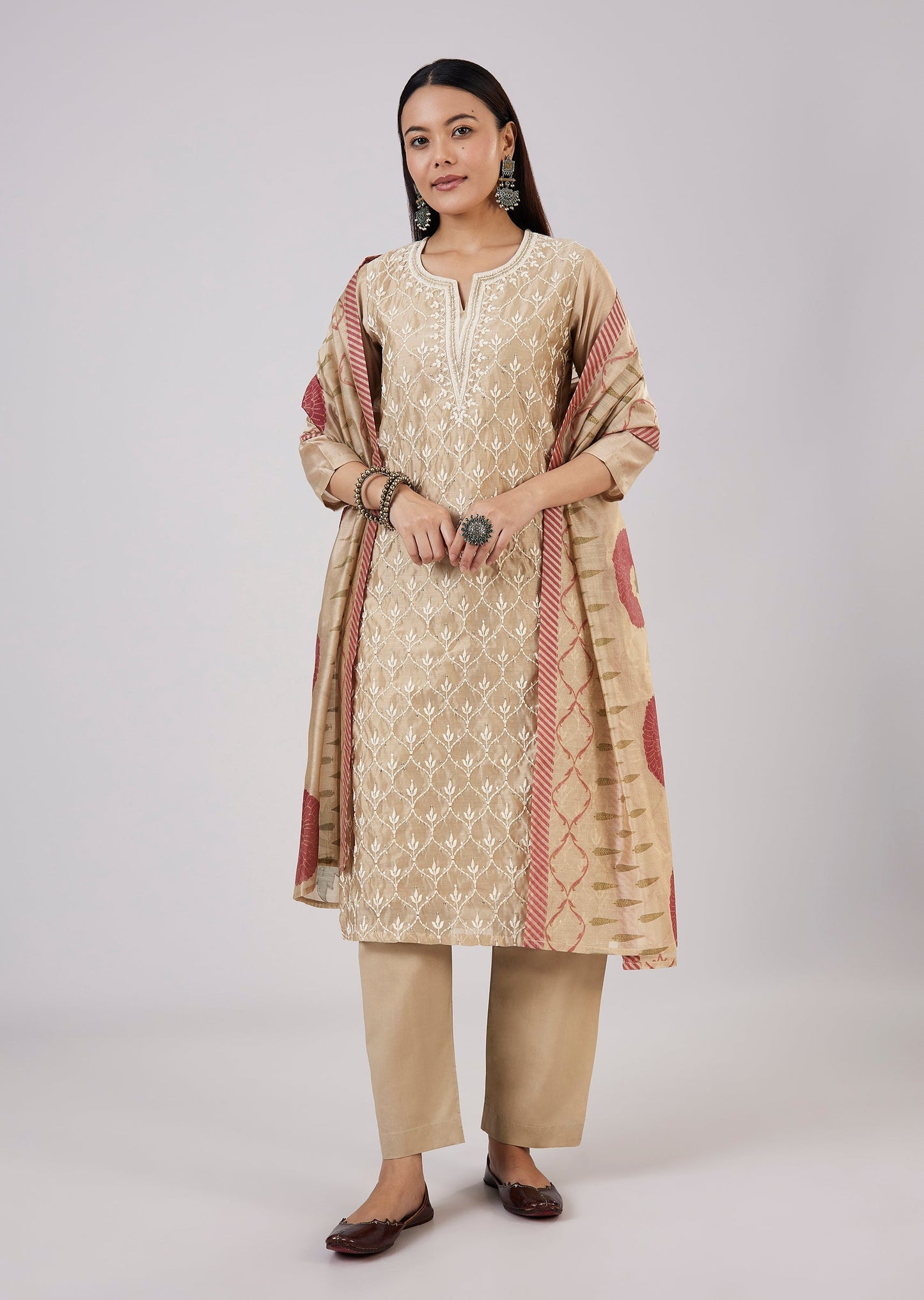 Beige Chanderi Kurta Set With Thread And Sequins Work