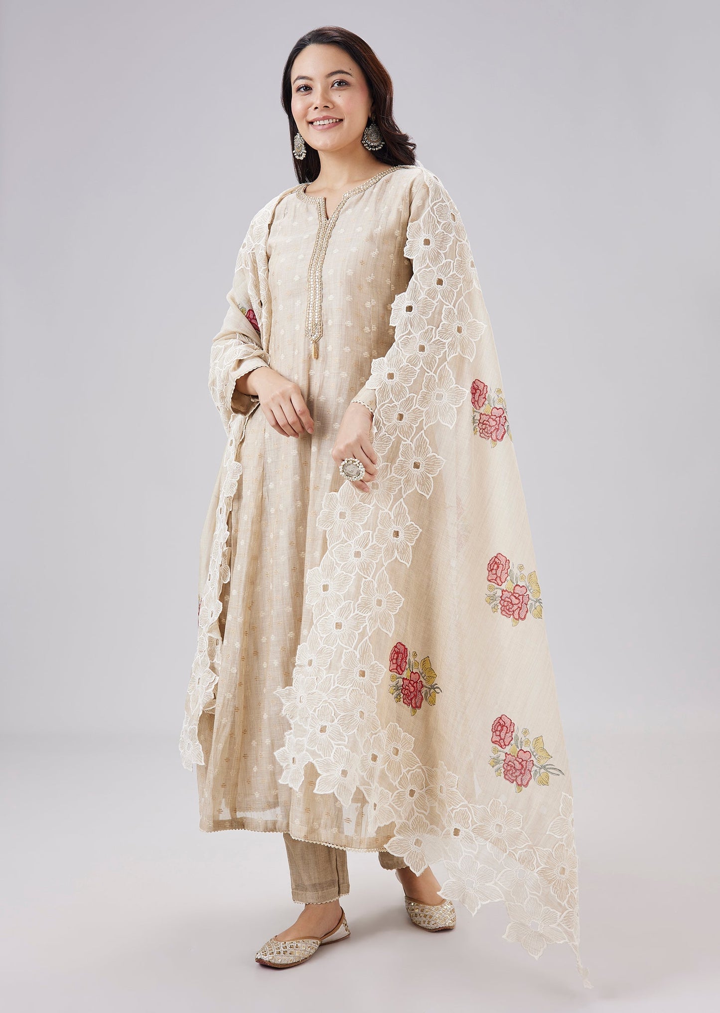 Beige Chanderi Embroidered Anarkali Set with Floral Cutwork Dupatta