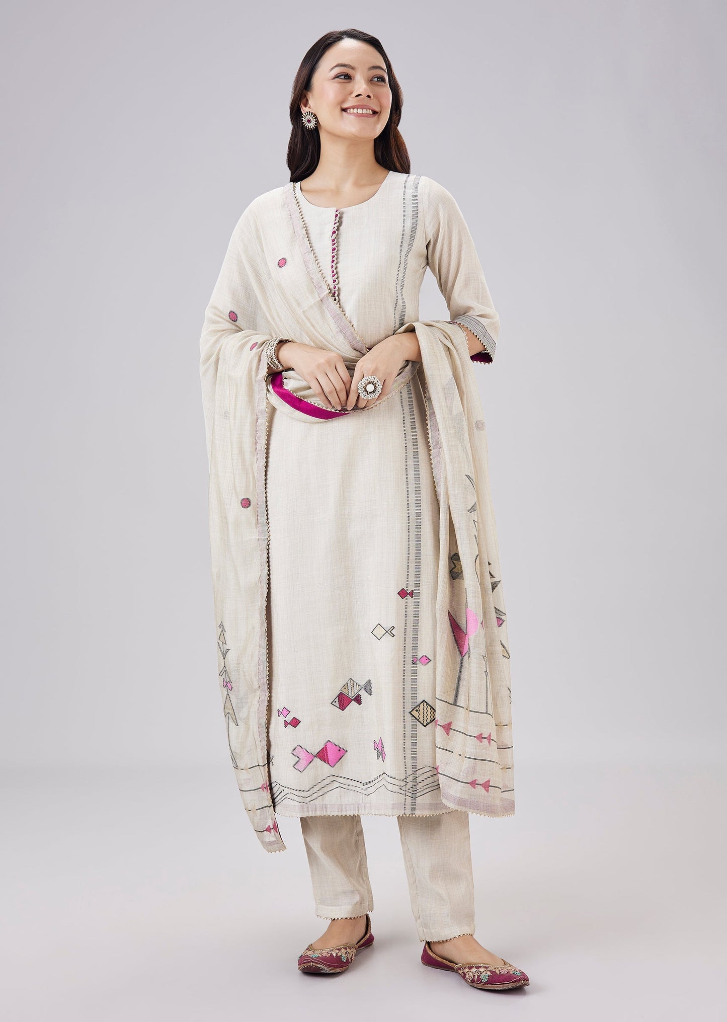 Beige Chanderi Woven Kurta Set With Dupatta