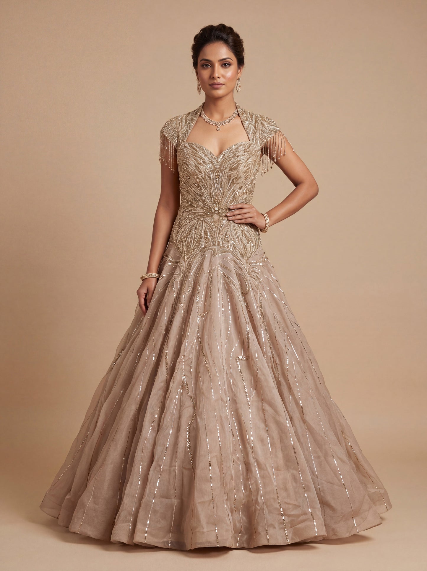 Beige Contemporary Flared Gown