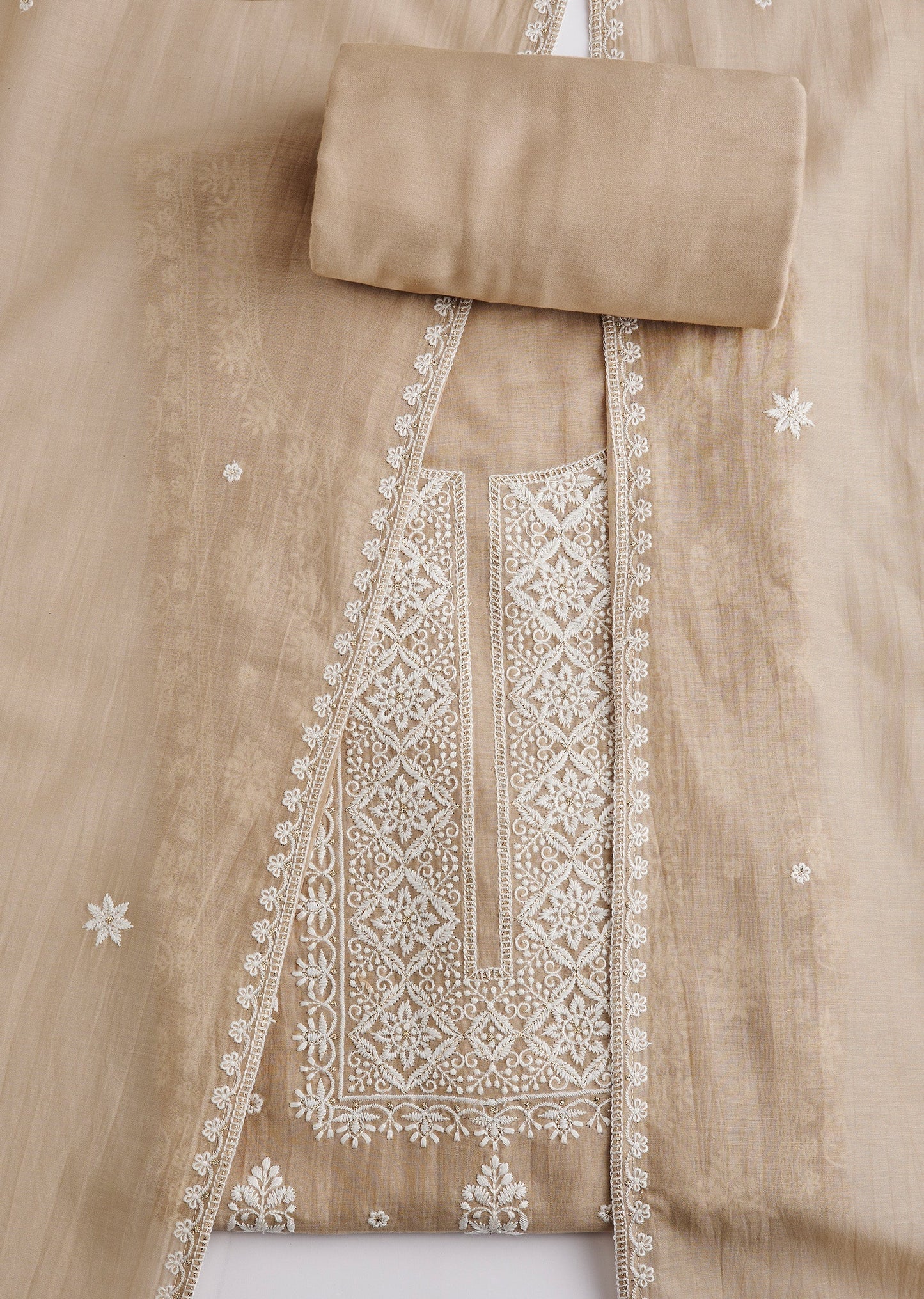 Beige Embroidered Cotton Unstitched Suit Set With Dupatta