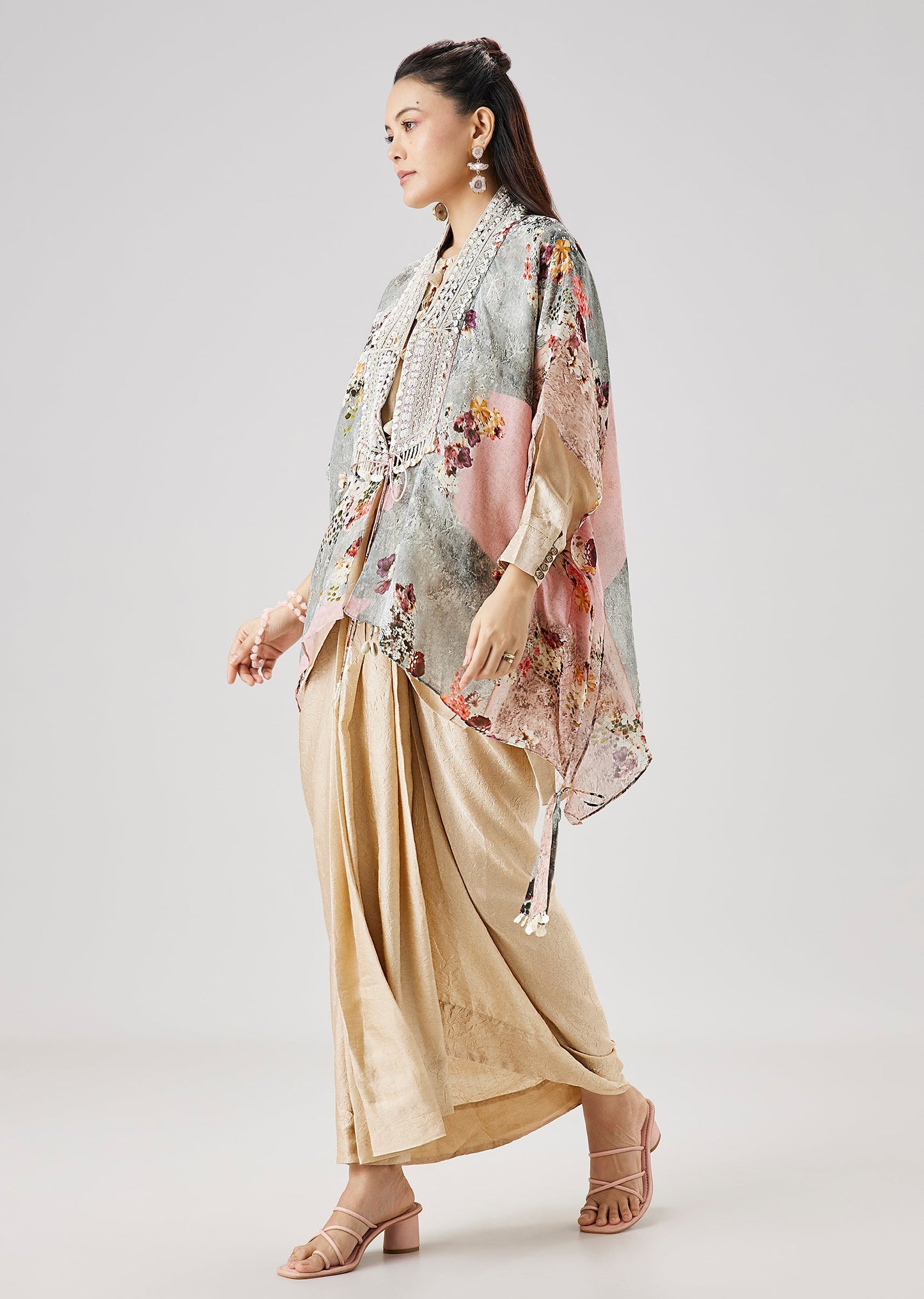 Beige Floral Printed Cape And Drape Skirt Set