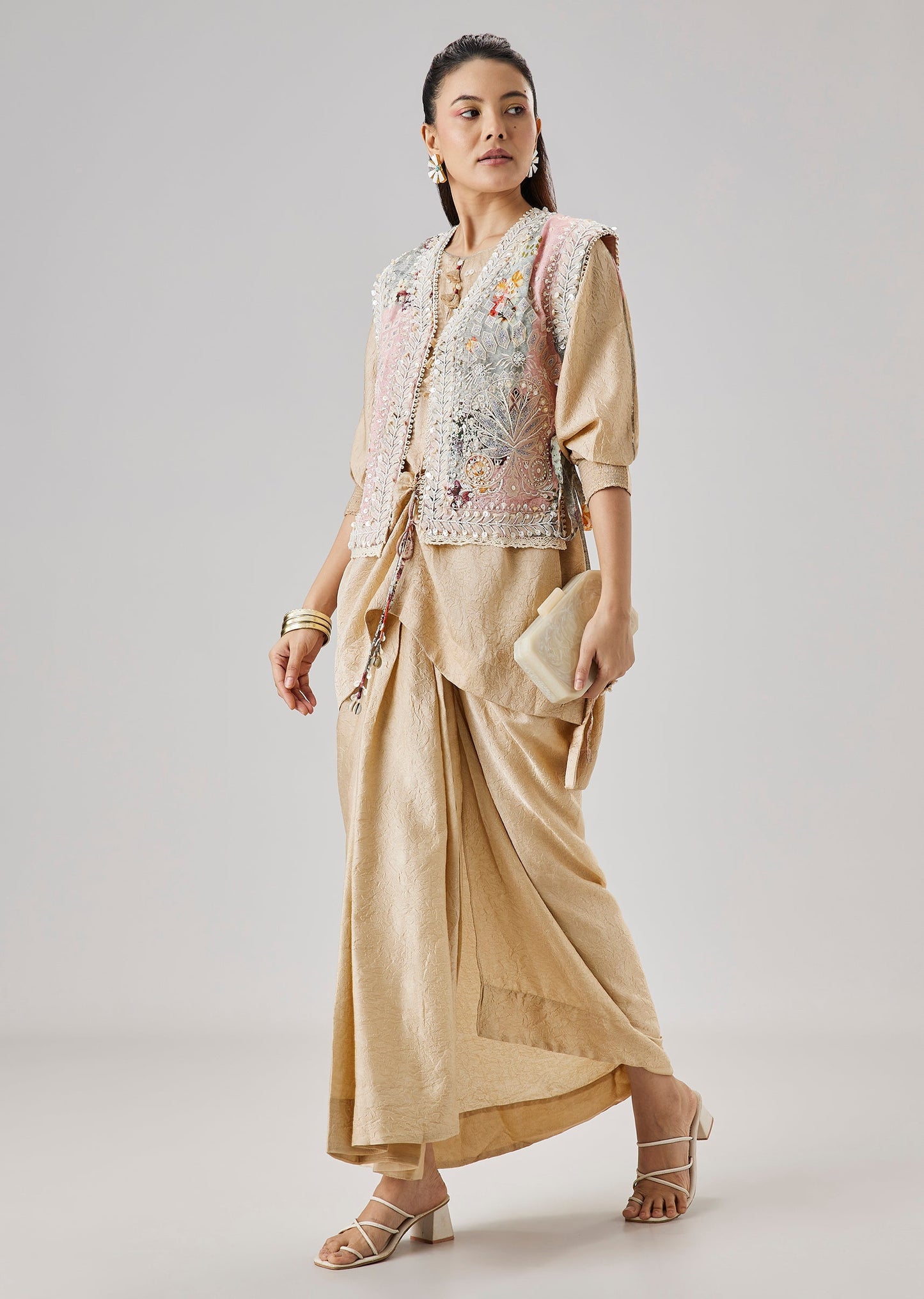 Beige Floral Printed Jacket And Drape Skirt Set