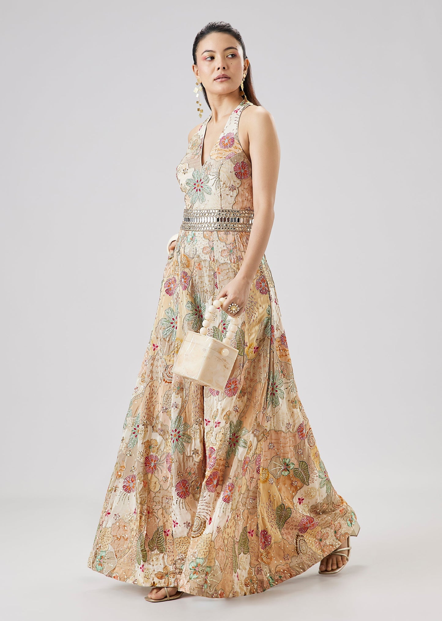 Beige Floral Printed Zari And Mirror Work Jumpsuit