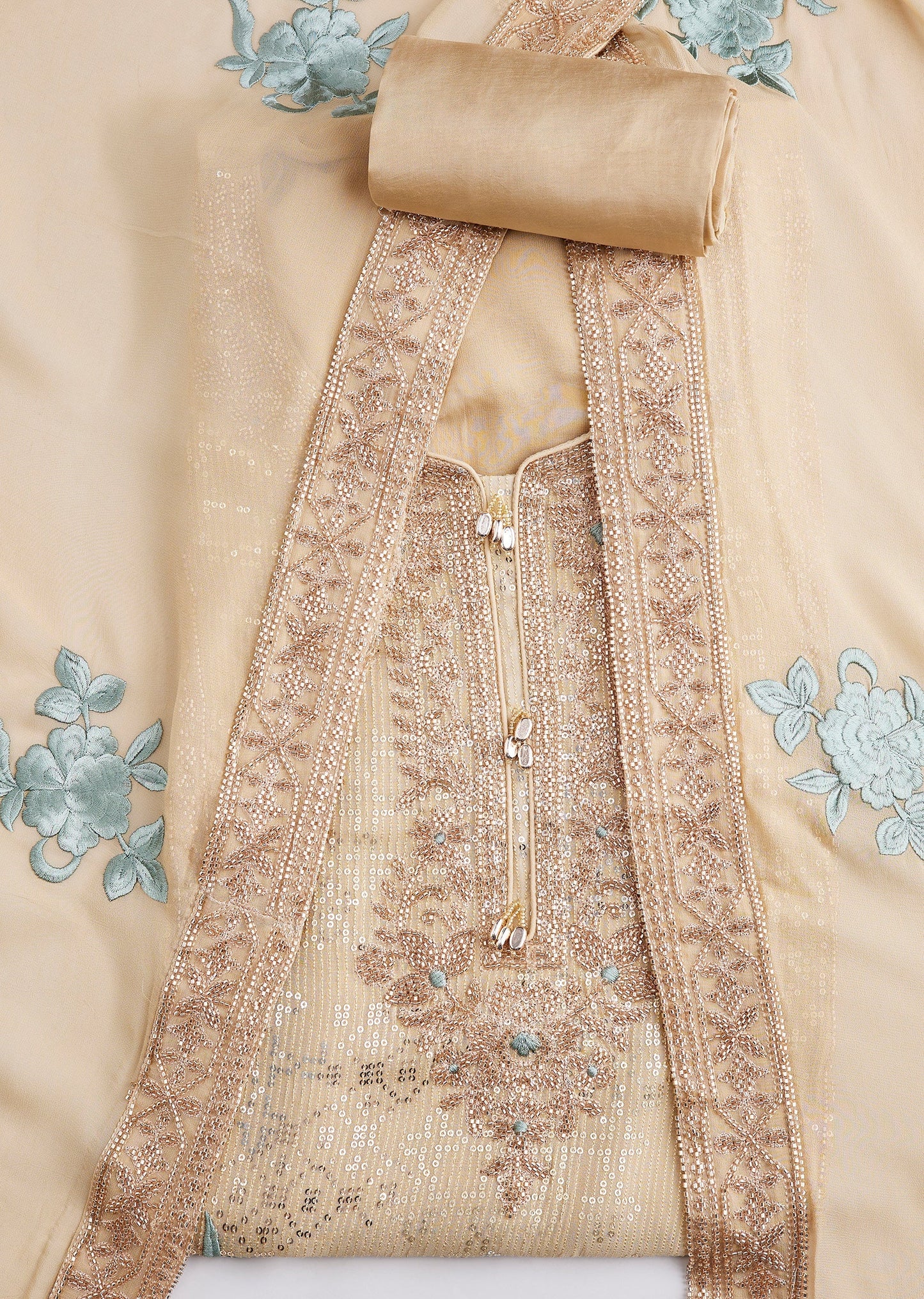 Beige Georgette Embroidered Unstitched Suit Set With Dupatta