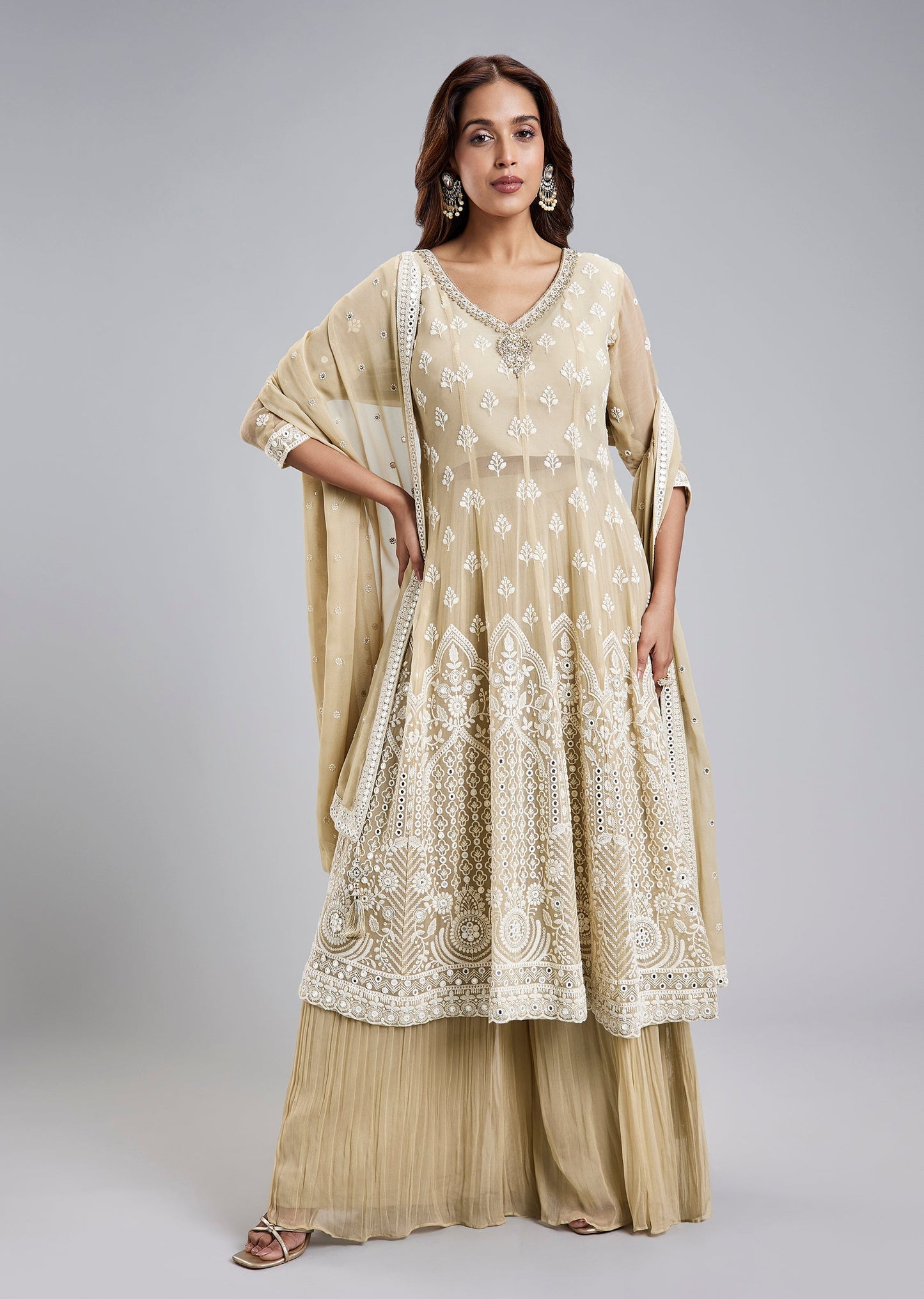 Beige Georgette Lucknowi Anarkali Set With Dupatta