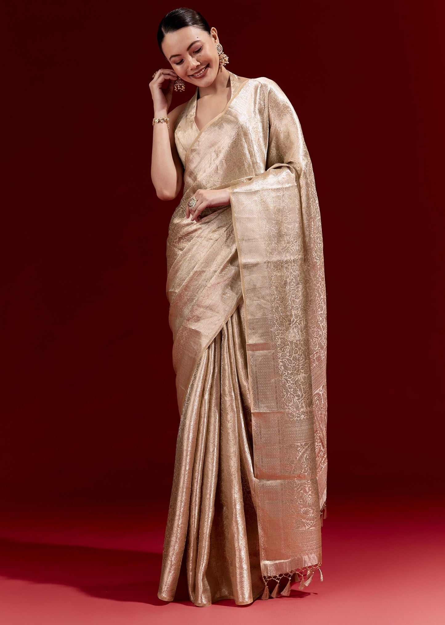 Beige Gold Banarasi Tissue Saree With All Over Floral Zari Weave