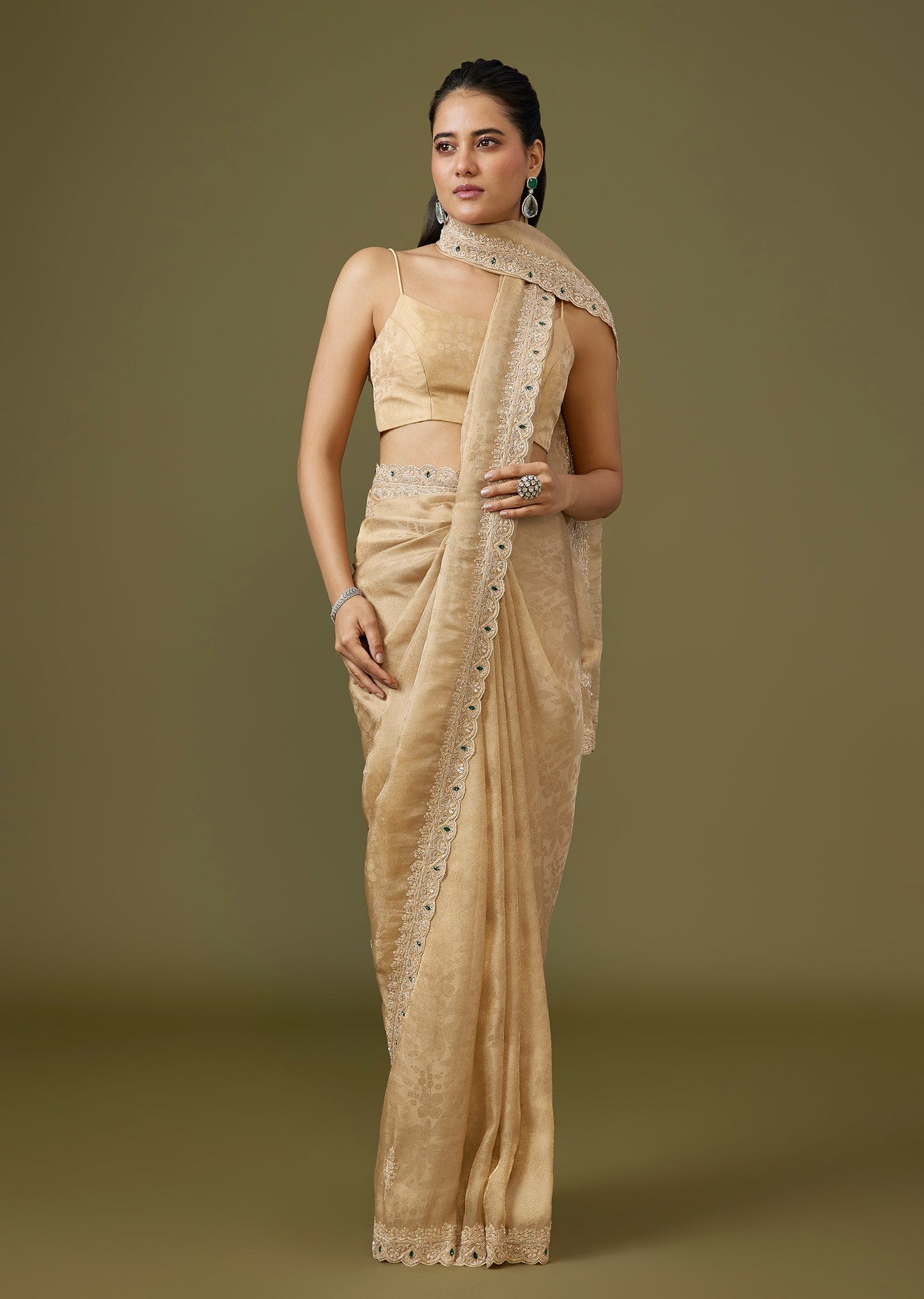 Beige Jacquard Dola Silk Saree