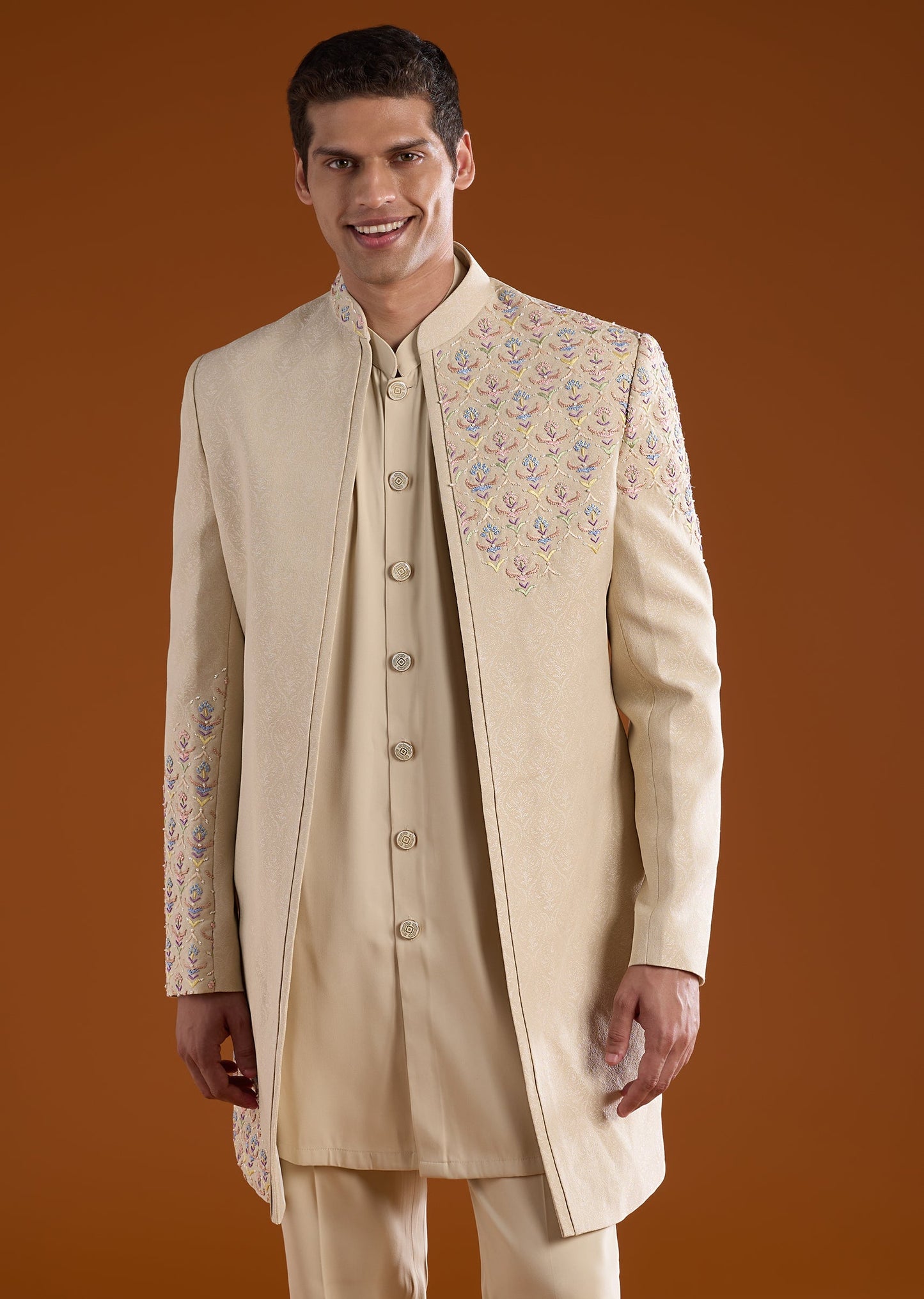 Beige Jacquard Silk Indowestern Embroidered Kurta Set