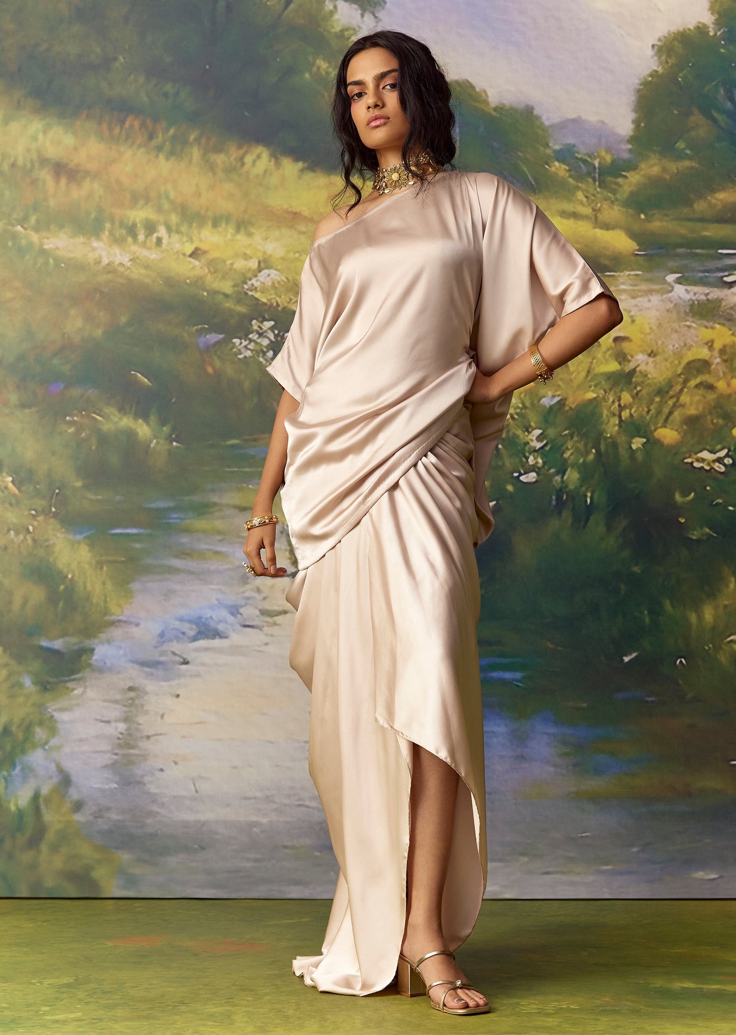 Beige Kaftan and Skirt Set with Metal Work